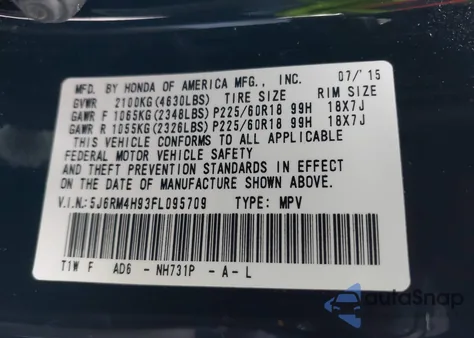 2015 Honda Cr-V Touring z USA, uszkodzony, nr VIN 5J6RM4H93FL095709